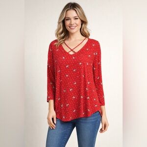Sweet Rain Red Fox Print Blouse XL | Polka Dot Crisscross V-Neck Top. Ptp 20